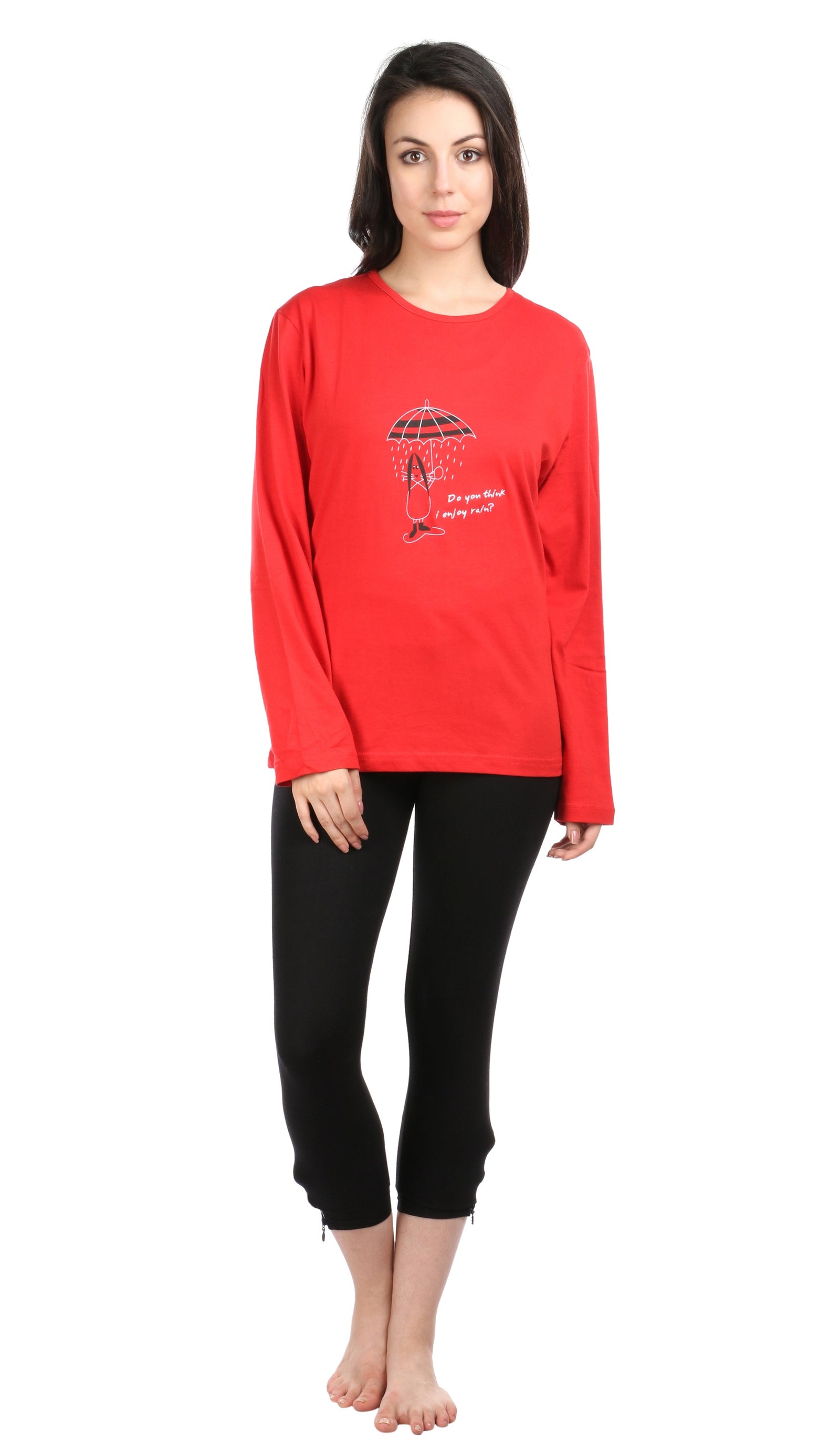 Semantic Women's Cotton T-Shirt - Umbrella Print & Embroidered (Loose Fit) - Semantic
