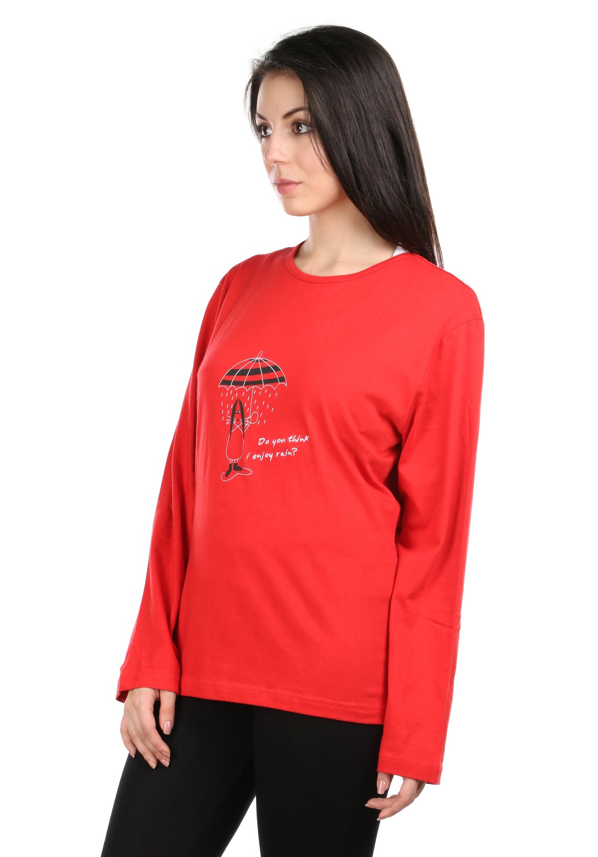 Semantic Women&#39;s Cotton T-Shirt - Umbrella Print &amp; Embroidered (Loose Fit)