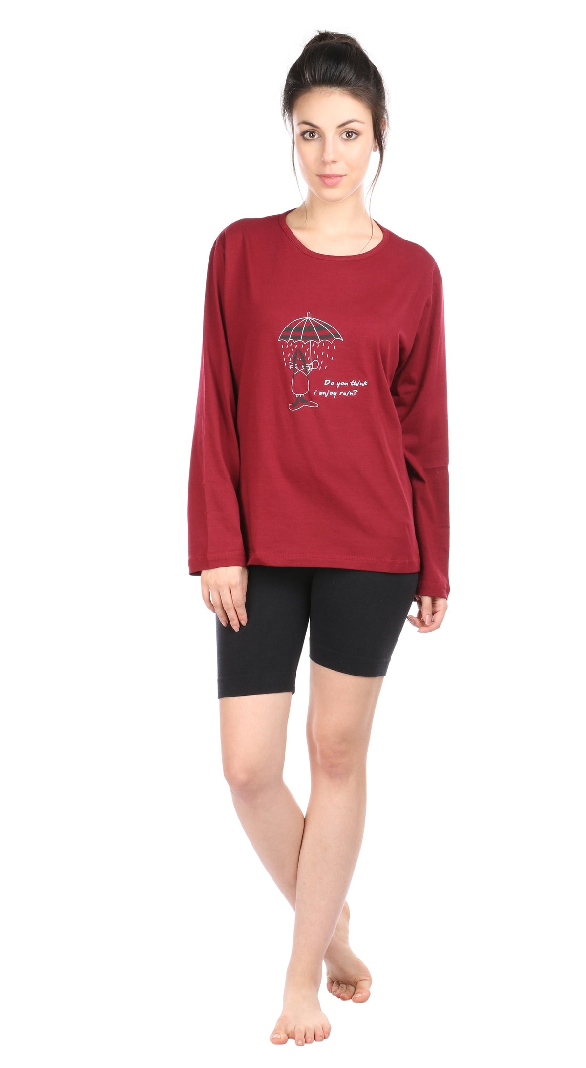 Semantic Women&#39;s Cotton T-Shirt - Umbrella Print &amp; Embroidered (Loose Fit)