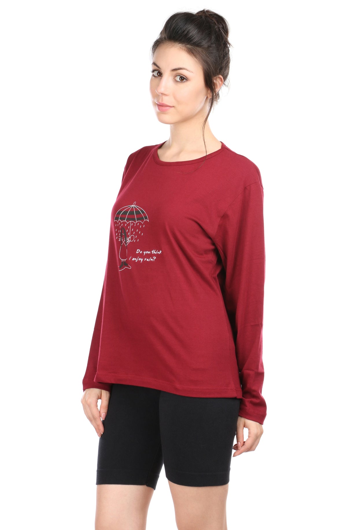 Semantic Women&#39;s Cotton T-Shirt - Umbrella Print &amp; Embroidered (Loose Fit)