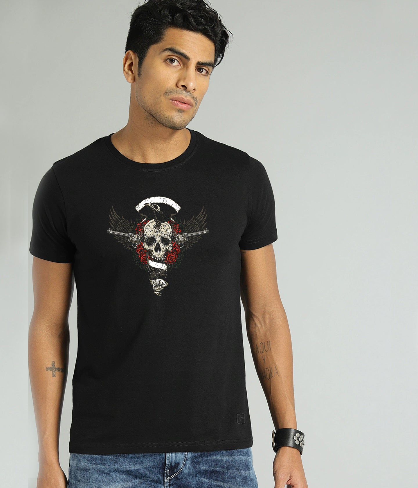 Semantic Graphic Cotton T-shirt - Skeleton Gun
