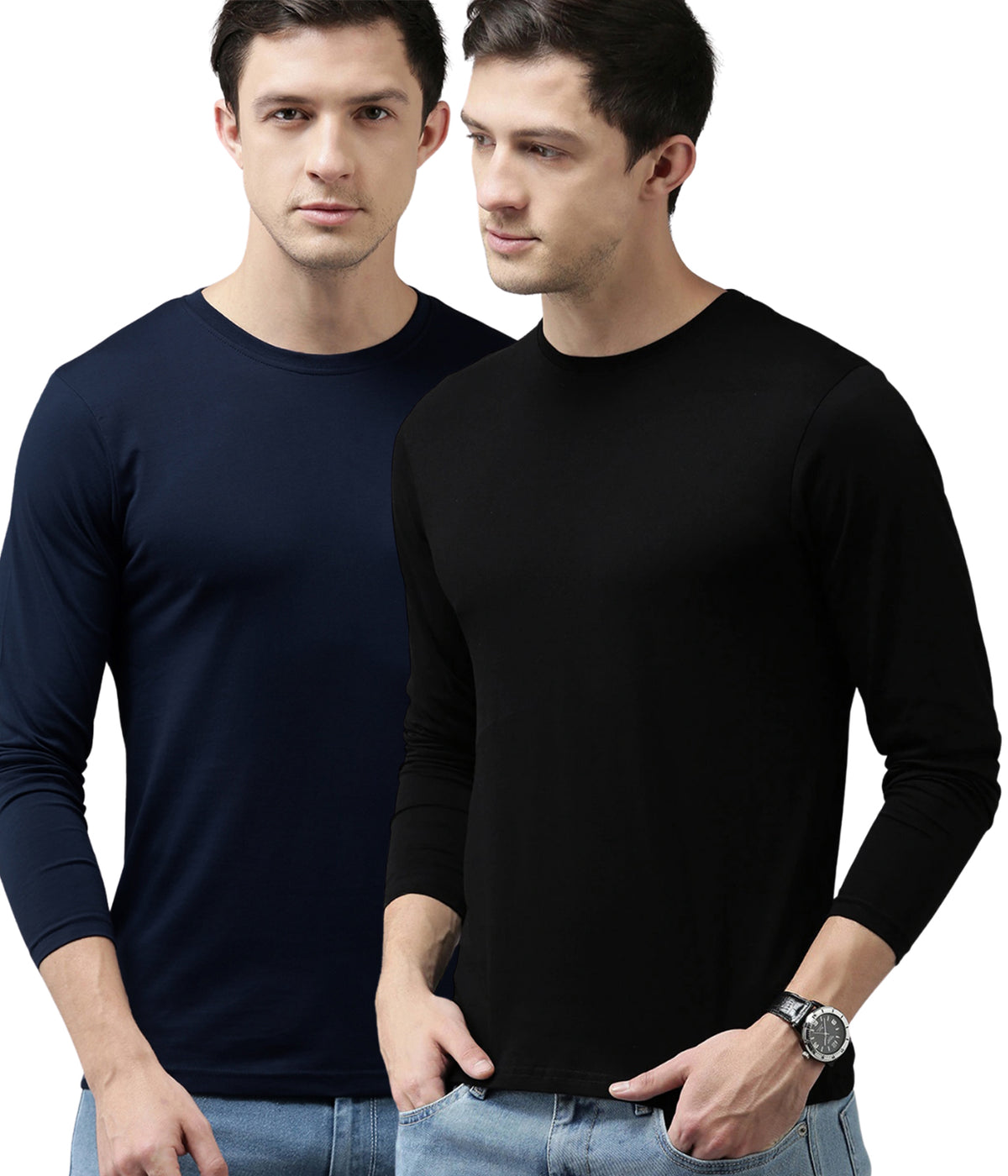 Semantic Full Sleeve Cotton T-shirt - Solid - Pack of 2